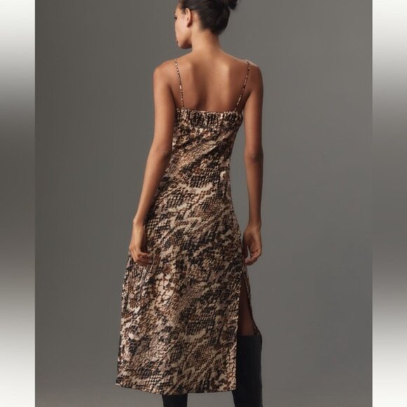 By Anthropologie Midi Slip Dress Womens Size Large Snake Print Satin Side Slits - Picture 2 of 16